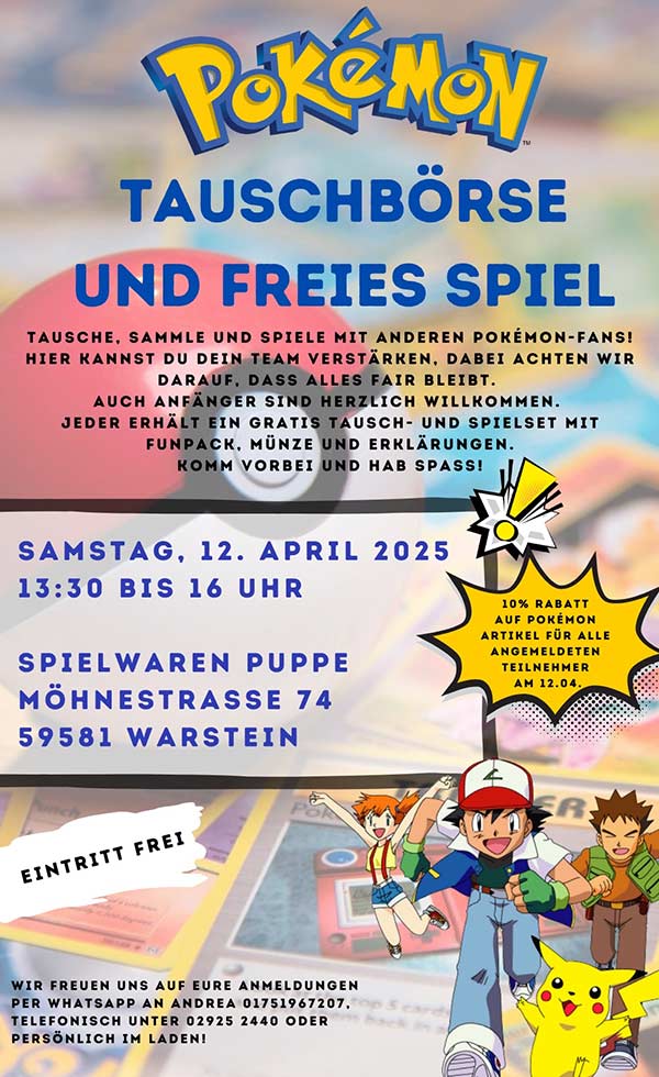 Pokemon Tauschbörse und freies Spiel bei Spielwaren Puppe in Warstein-Sichtigvor April 2025